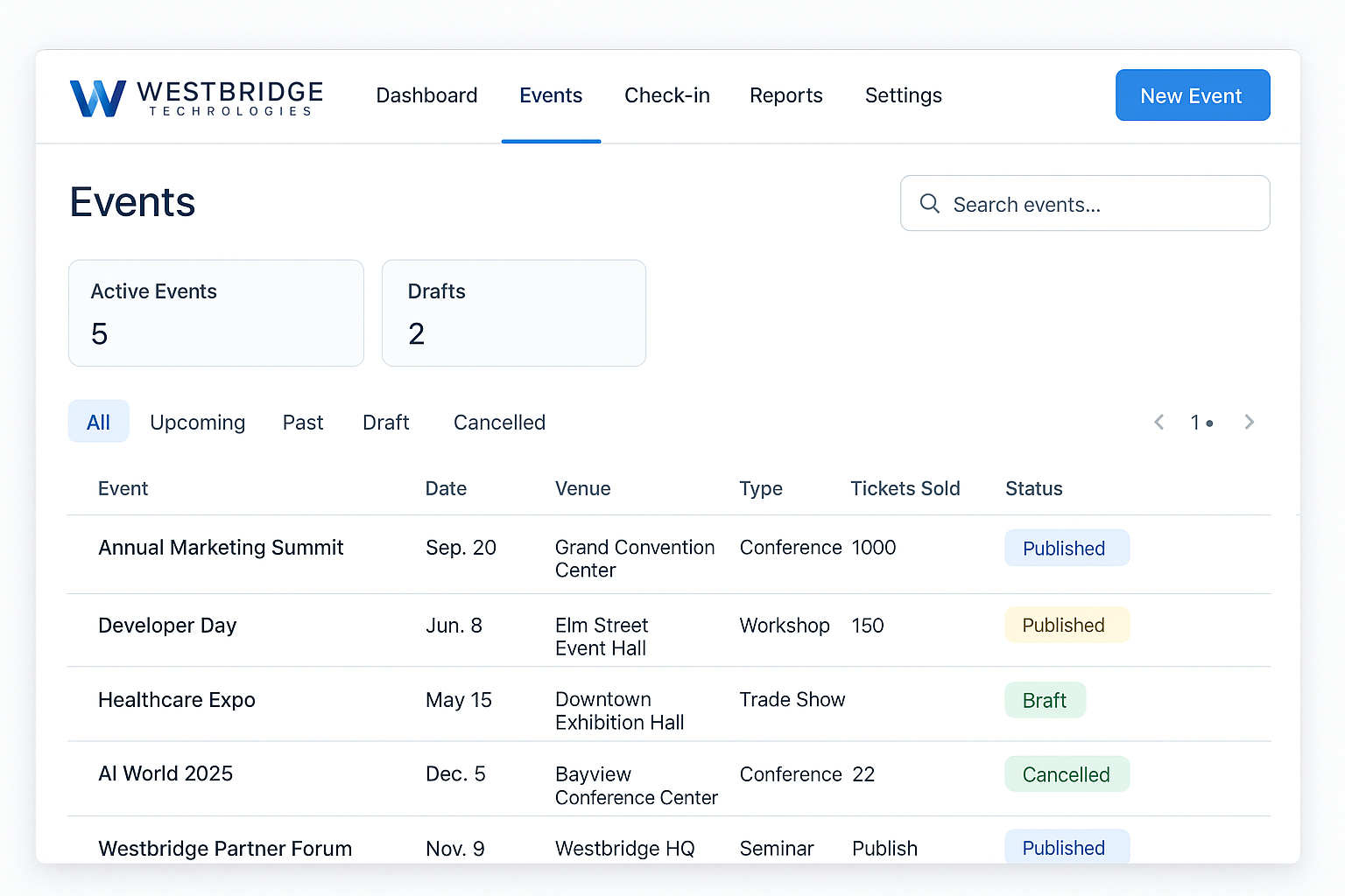 Westbridge registration builder showing ticket tiers and a live preview